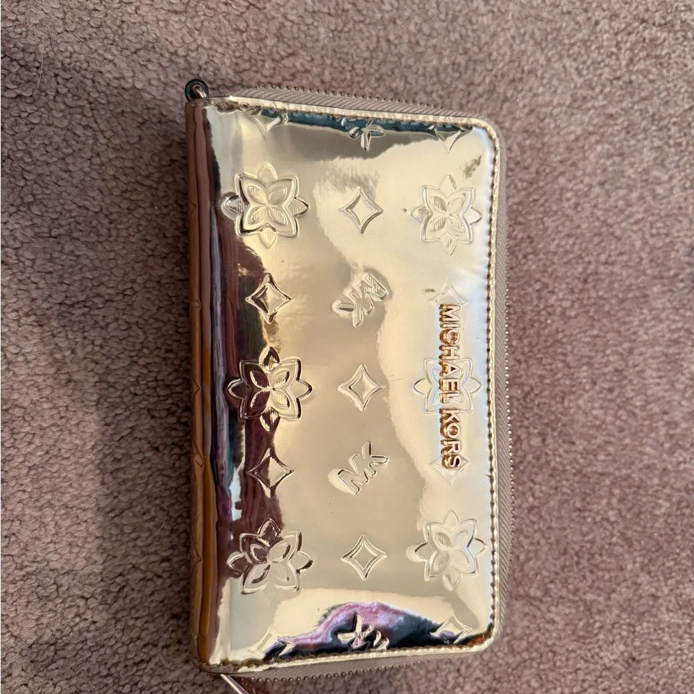 Michael Kors Gold Embossed Floral Zip Wallet